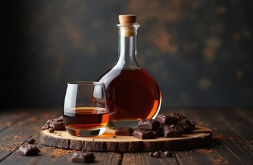 Glass cognac, bottle of brandy and chocolate pieces. Spirit drink with dark chocolate on a wooden board. Dessert alcohol beverage, drink, bar, restaurant.