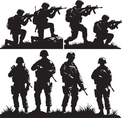 Silhouette Soldiers Standing And Fighting Vector Illustrations