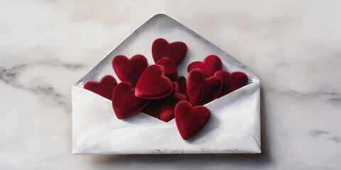 White envelope overflowing with plush red hearts rests on marble surface, symbolizing Valentine's Day, love, and affection.  Perfect for romantic greeting cards or seasonal designs