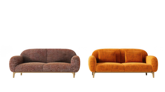 Two modern sofas isolated on a white background, an orange and brown color sofa set, png