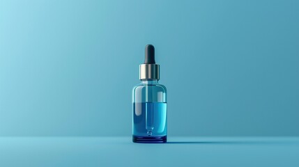 A sleek amber glass dropper bottle hovers mid-air against a clean blue background, creating a modern and minimalistic aesthetic. Perfect for essential oils, skincare serums, or wellness products	