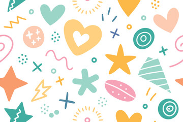 Playful Shapes Pattern Hearts, Stars, Dots on White Background, Colorful
