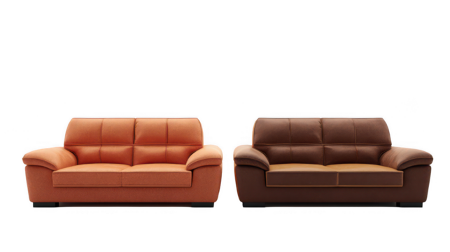 Two modern sofas isolated on a white background, an orange and brown color sofa set, png