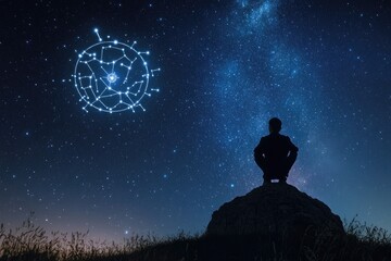 Dreamlike stargazing scene with zodiac symbols subtly blending into the Milky Way