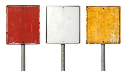 Set of three blank square sign boards: red, white and yellow on transparent background