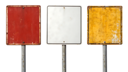 Set of three blank square sign boards: red, white and yellow on transparent background