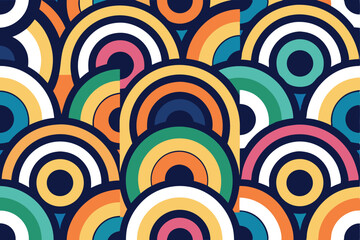 Retro Rings Pattern, Multi Color Arcs with Dark Blue Backdrop, Abstract Shapes