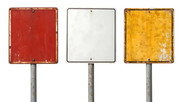 Set of three blank square sign boards: red, white and yellow on transparent background