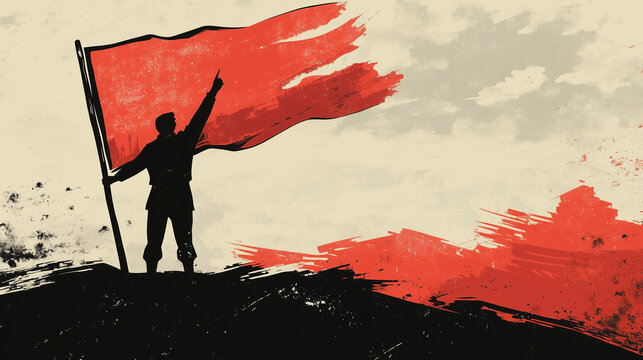 Silhouette of man with red flag on grunge painted background