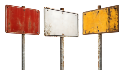 Three blank rusty metal signs on poles isolated on transparent background