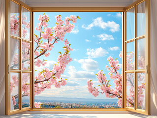 Open Window with Cherry Blossoms and Scenic City View Under Blue Sky
