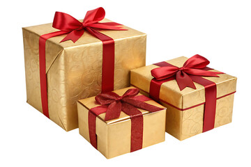Obraz premium Golden gift boxes with red ribbons for holiday celebrations on transparent background