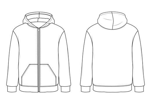 Flat sketch shows zip hoodie with detailed pockets and hood, hoodie ideal for fashion design, hoodie illustration perfect for pattern makers, hoodie template used in branding.