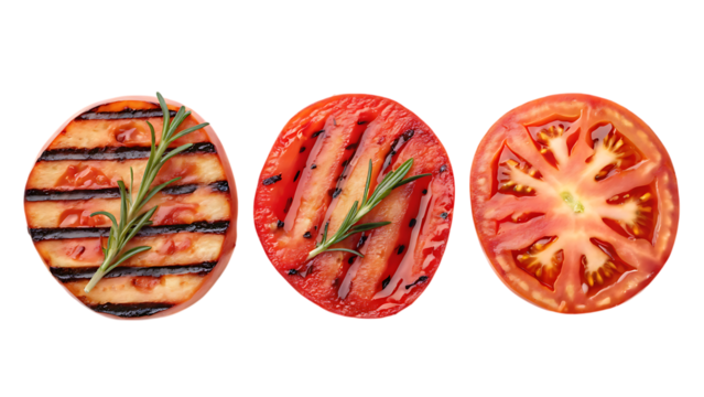 Grilled tomato slices with rosemary, food photography on transparent background