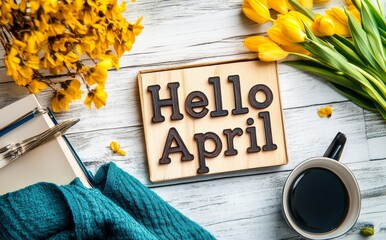 Hello April Message Amidst Spring Flowers on a White Wooden Surface, Catalog Style