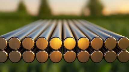 Naklejka premium Industrial metal rods storage manufacturing facility product display outdoor close-up material quality