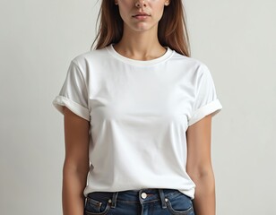 Woman wears white t-shirt mockup front view. Blank t-shirt template on young female, copy space area for design, text or logo placement. Casual wear fashion studio.