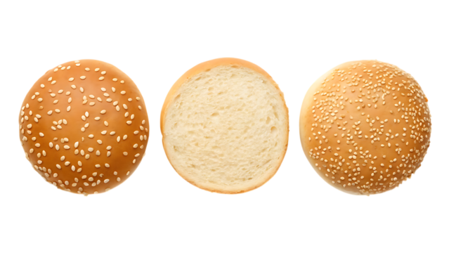 Sesame burger buns: top and cut halves for sandwich on transparent background
