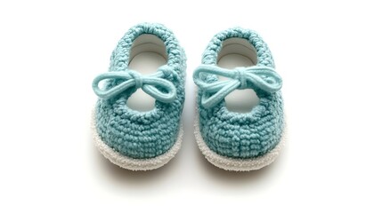 A pair of handmade blue baby shoes with bows on a white surface