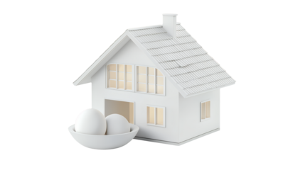 a 3d model of a house and eggs in a bowl on a transparent background, PNG image, PNG file, Generative art.