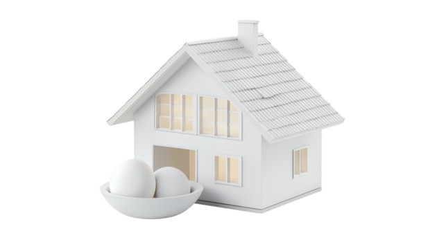 a 3d model of a house and eggs in a bowl on a transparent background, PNG image, PNG file, Generative art.