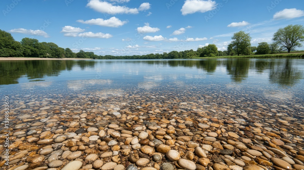 Poster crystal-clear water glides over pebbles, capturing reflections of lush trees and a bright sky, creat