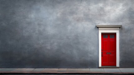 A bold red door contrasts sharply with a weathered gray wall, drawing attention and sparking curiosity about the hidden space behind it