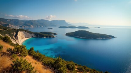 Obraz premium Paximadia Islands in Greece at dawn with hot, sunny summer conditions, shot from a panoramic perspective.