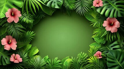 A hello summer greeting set against a beige backdrop, surrounded by tropical flowers