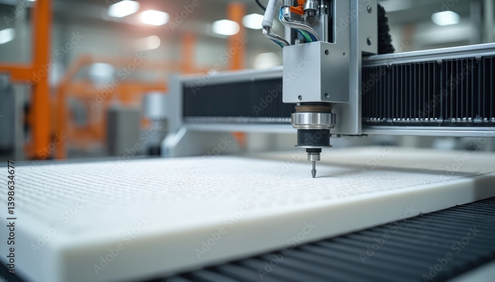 Poster advanced cnc machine precisely cuts foam in modern manufacturing facility. automated workflow, indus