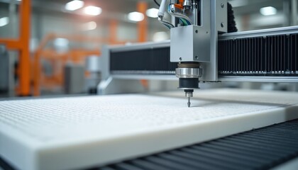Advanced CNC machine precisely cuts foam in modern manufacturing facility. Automated workflow, industrial machinery with cutting-edge technology. Precision foam cutting process creates innovative