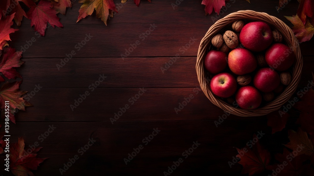 Aufkleber a woven basket holds ripe apples and walnuts placed on a rustic wooden table, complemented by scatte