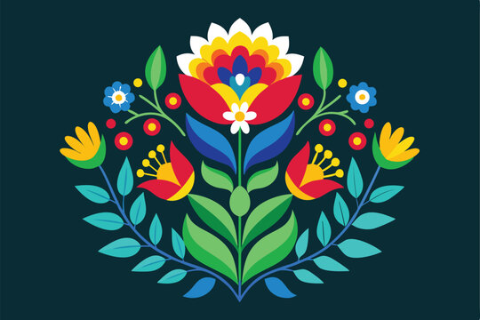 Vibrant Folk Art Floral Motif with Bold Colors on a Dark Background