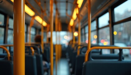 Empty bus interior with yellow poles, soft lighting. Public transport, seats, urban city travel. Morning commute scene, quiet transit environment, waiting for arrival.