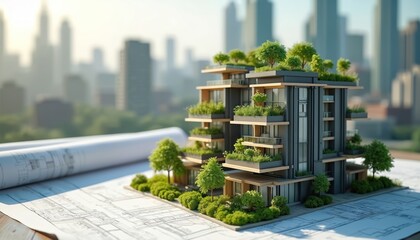 Modern eco-friendly apartment building model with green rooftop garden on blueprints. Architects, engineers work on designs, construction. Sustainable building, urban development, renewable energy