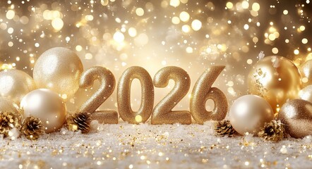 The 2026 New Year celebration features a festive background adorned with gold balloons