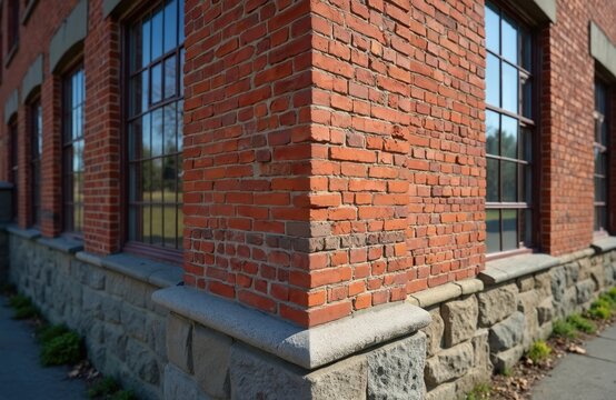 Corner of red brick building with windows. Old factory building. Architectural detail facade in urban environment. Historic landmark building. Construction of wall with stones and windows.