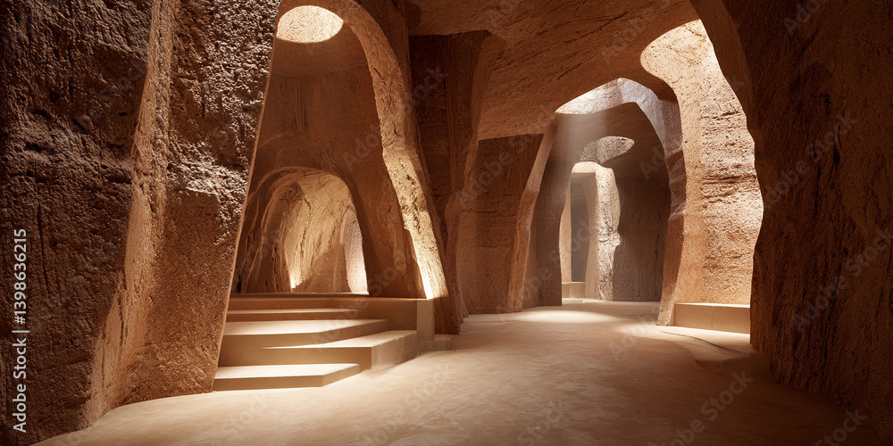 Poster image of a sandstone cave interior with smooth, curved walls and soft lighting, showcasing a serene 