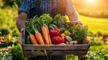 Harvest Bounty: A farmer proudly presents a wooden crate overflowing with a vibrant array of freshly picked vegetables, radiating a sense of abundance, health, and the rewards of hard work.