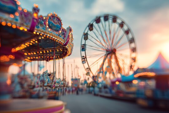 Charming amusement park at sunset  a vintage blurred scene featuring a ferris wheel and carousels