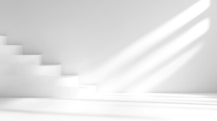 A modern staircase with sunlight streaming through a window, creating long shadows on a minimalist white wall, and bright and airy interior design concept.