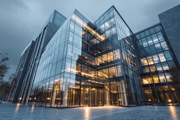 Fototapeta premium Modern office building with glass facade and winter city background in evening lighting