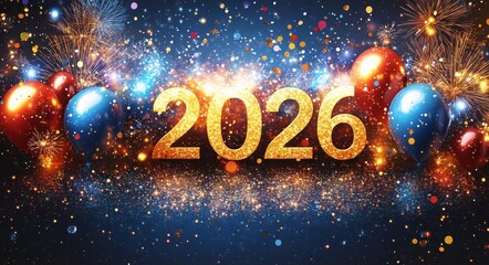 Fototapeta premium Colorful 2026 New Year's Eve Celebration Design with Balloons and Fireworks