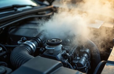 Close-up shot car engine overheating with heavy steam smoke. Automotive mechanical problems, car maintenance, repair, service. Vehicle failure, breakdown requires urgent fix, diagnostics.