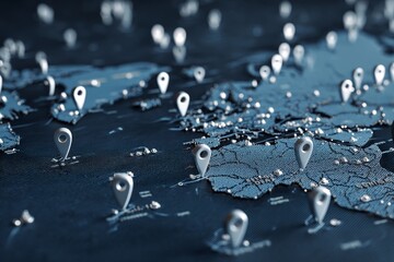 Abstract global map illustrating icons for people and location pins on a dark blue background