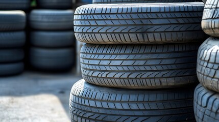 Stack of Used Car Tires Outdoor Closeup