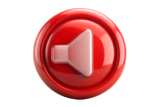 Mute icon graphic in vivid crimson with white speaker symbol for volume control on transparent background