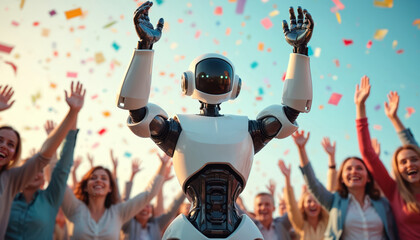 Humanoid robot celebrates success with cheerful office workers. Teamwork, victory, future tech concept, AI, robotics, automation, business innovation, collaboration, achievement. Confetti in the air.