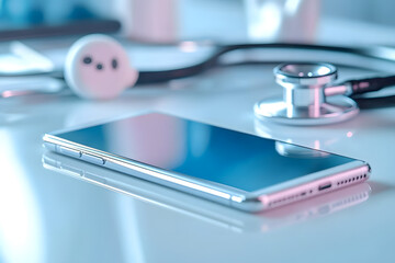 Detailed view of a smartphone on a medical office desk with a stethoscope highlighting the intersection of technology and healthcare : Generative AI
