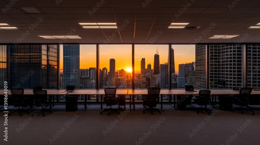 Aufkleber bright office with empty desks and chairs ready for use, featuring stunning floor-to-ceiling windows